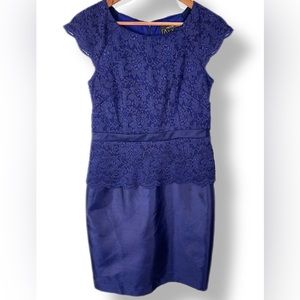 NWT Alex Evenings Formal Blue Scoop Neck Lace Floral‎ Ruffle Sleeve Midi:BB66
